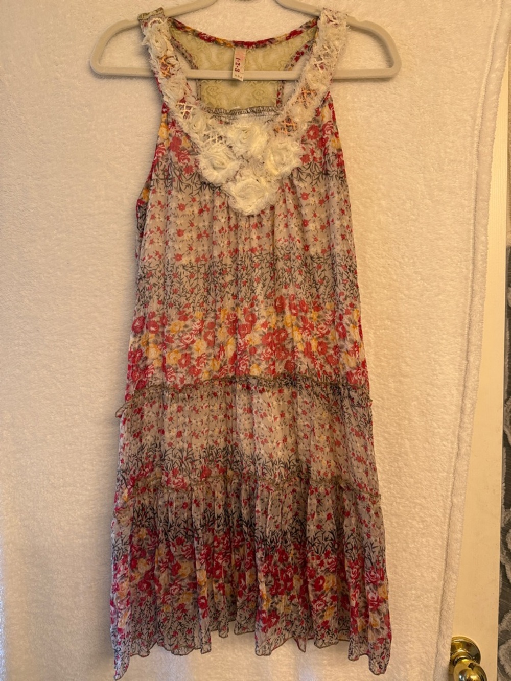 Boho Floral Crochet-Trim Mini Dress in Cream and Pink and Red by 1-2-3 USA